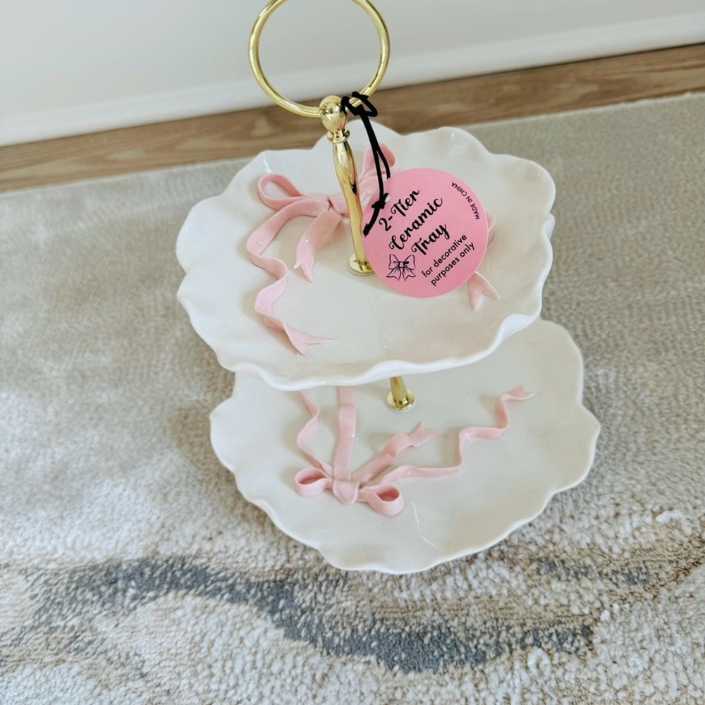 White Two-Tier Ceramic Tray with Pink Bows Accents NWT